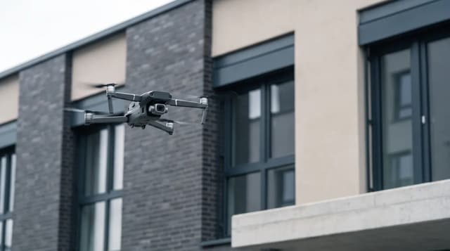 Inspectiedrone in vlucht langs een bakstenen gevel tijdens een gevelinspectie.