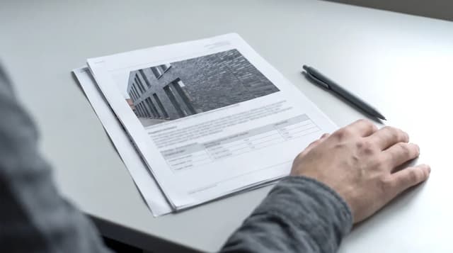 Gedrukte inspectierapportage met gevelfoto, bevindingen en conditietabel op tafel.